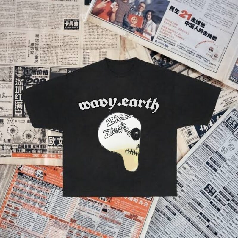 Wavy Earth recycled cotton crew neck t-shirt in classic black, eco-friendly streetwear essential.